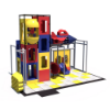 Side view of indoor playground featuring enclosed spiral slide, multi-level play decks, and crawl tunnel elements