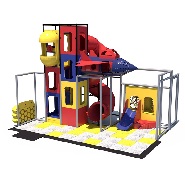Front view of Sky Haven indoor playground with airplane cockpit, climbing structure, and interactive play panels