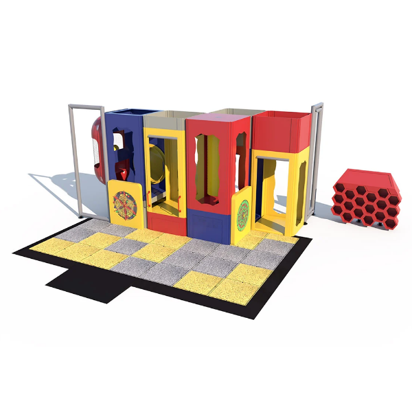 Hideaway indoor playground front view with cube climbing structure, crawl tunnel, and interactive activity panels