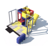 Angled view of indoor playground showing compact cube play system, enclosed tube slide exit, and safety flooring