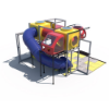 Side view of indoor playground featuring enclosed curved tube slide, cube play units, and elevated crawl connections