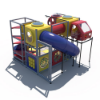 Rear angled view of indoor playground showing elevated crawl tunnels, activity panels, and multi-level cube structure