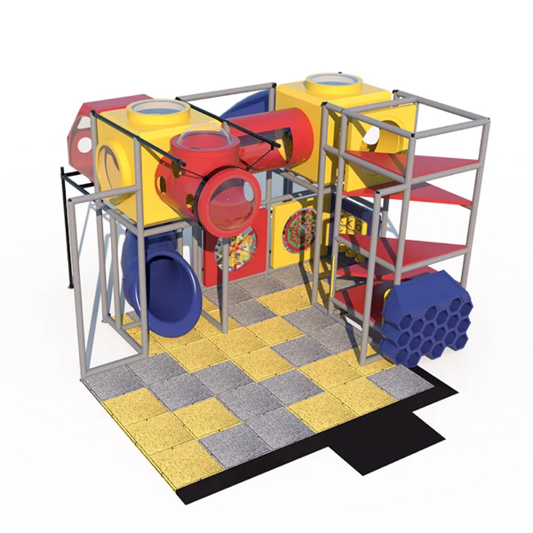 Junction Jamboree indoor playground front angled view with cube play structure, crawl tunnels, and interactive activity panels