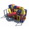 Rear angled view of Double Orbit indoor playground showing twin tube slides, cube play units, and interior play features