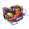 Side view of indoor playground featuring dual curved tube slides, elevated cube structures, and connected crawl tunnels