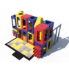 Opposite angled view of indoor playground with cube towers, crawl-through openings, and interactive play components