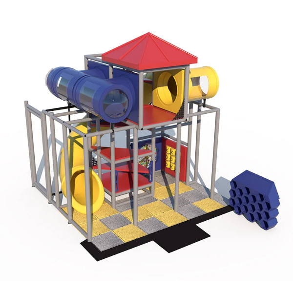Crawl Galaxy indoor playground front view with elevated play deck, enclosed crawl tunnels, and interactive activity panels