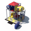 Opposite angled view of indoor playground with enclosed tunnels, elevated deck, and compact multi-level play structure