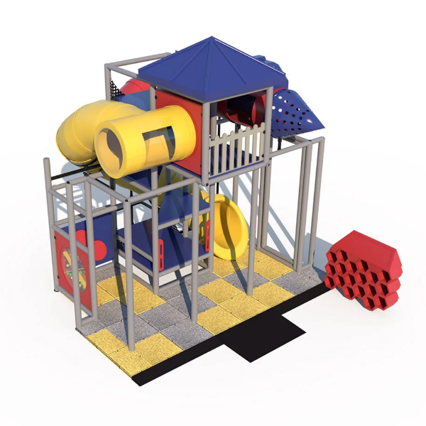 Blissful Bungalow indoor playground front view with elevated playhouse, crawl tunnels, and interactive activity panels