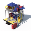 Opposite angled view of indoor playground with elevated playhouse, tunnel connections, and interactive play components