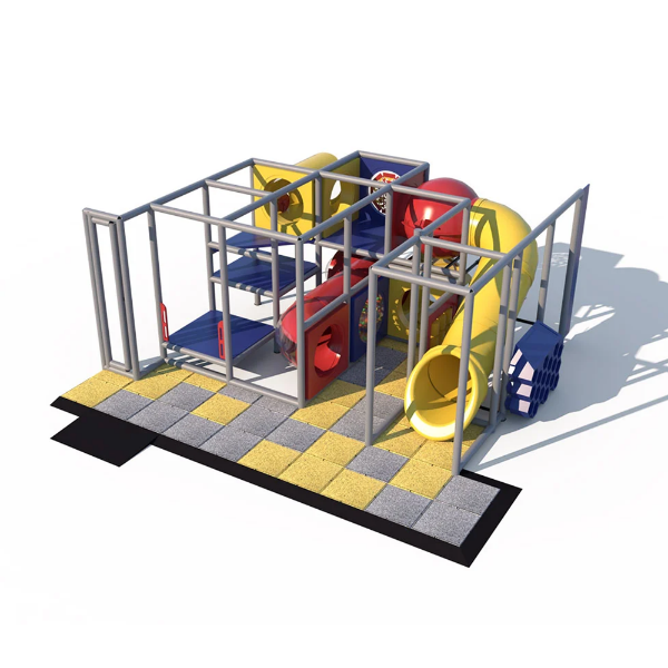 Persnickety Playhouse indoor playground front view with elevated platforms, crawl tunnels, and enclosed tube slide