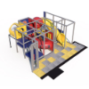 Top angled view of indoor playground showing layout of elevated platforms, tunnel connections, and slide exit area