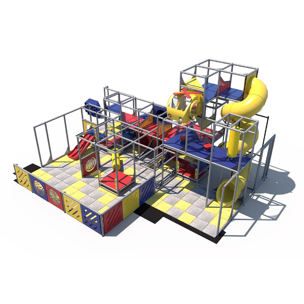 Adventure Dome indoor playground front angled view with multi-level decks, crawl tunnels, enclosed slides, and activity panels