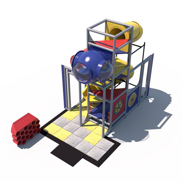 Spiral Explorer indoor playground front view with vertical climbing structure, enclosed spiral tube slide, and crawl tunnel junctions