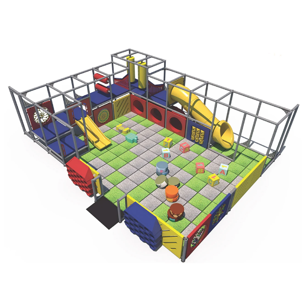 Mega Maze indoor playground front angled view with open play area, activity panels, foam blocks, and enclosed tube slide