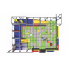 Top view of Mega Maze indoor playground layout showing large open play floor, foam seating blocks, activity zones, and slide exit