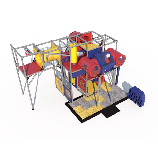Galaxy Quest indoor playground front angled view with multi-level platforms, tube slides, crawl tunnels, and interactive play panels
