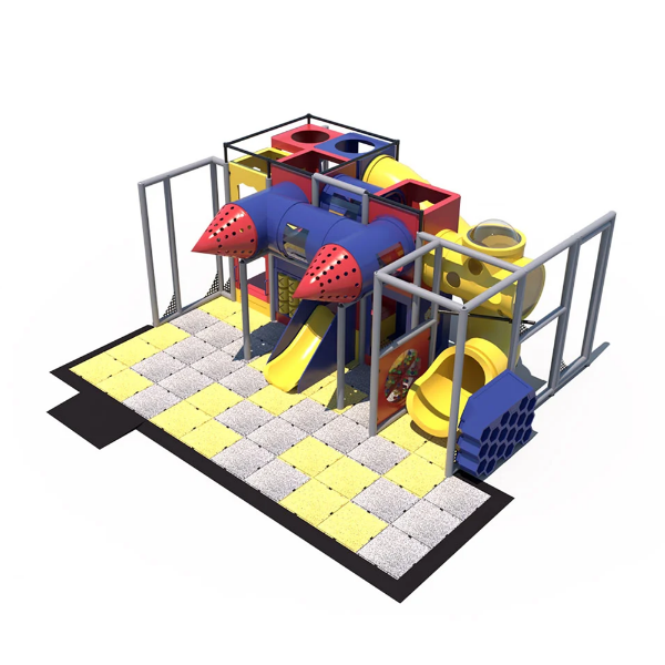 Spacewalk indoor playground front view with multi-level platforms, tunnel slides, crawl tubes, and interactive play panels for kids