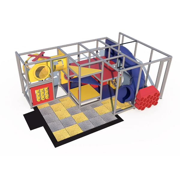 Turbo Tower indoor playground front view with crawl tunnel, curved tube slide, multi-level platforms, and interactive play panels
