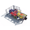 Rear angle view of indoor playground featuring enclosed crawl tunnel, curved slide exit, and elevated play structure platforms