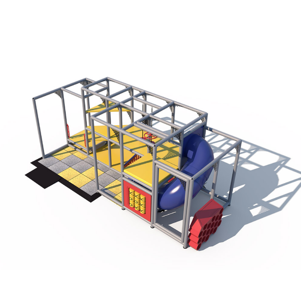 Sky Quest indoor playground front view with crawl tunnel, multi-level platforms, interactive panels, and soft play flooring