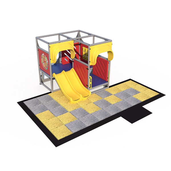 Play Fort indoor playground front view with double slide, enclosed play panels, and soft foam safety flooring for kids ages 2 to 12