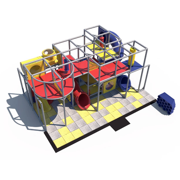 Mega Explorer indoor playground front view with multiple tube slides, crawl tunnels, elevated platforms, and commercial safety flooring