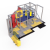 Side angle of Discovery Den indoor playground featuring enclosed tube slide, platform access, activity panels, and padded flooring