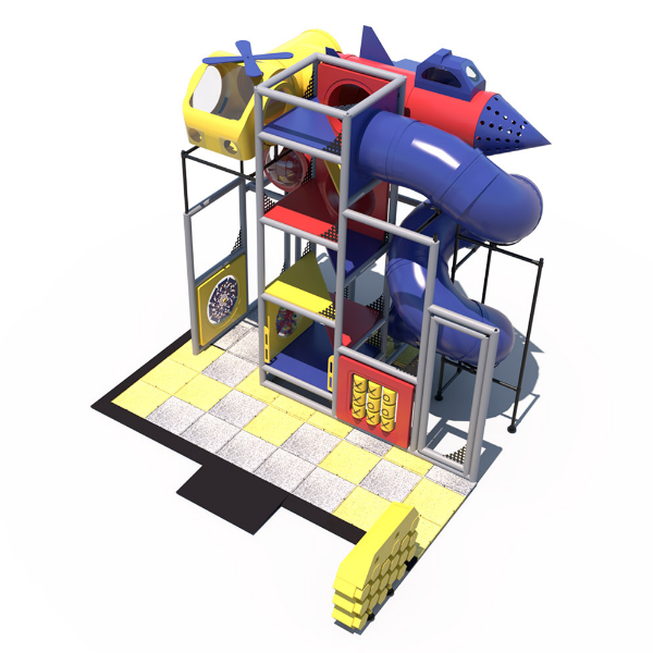 Skybound Adventure indoor playground front view with airplane-themed tunnel, spiral tube slide, elevated platforms, and interactive play panels