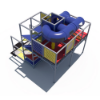 Rear angle of Playful Haven commercial indoor playground featuring elevated deck, safety railings, climbing access, and play panels