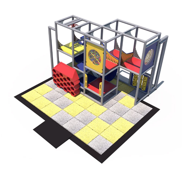Adventure Arena indoor playground front view with compact multi-level structure, activity panels, crawl tunnel, and padded safety flooring