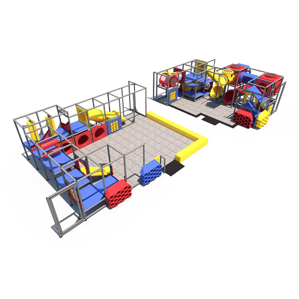 Playful Panorama indoor playground overview with large multi-zone layout, multiple tube slides, crawl tunnels, and open central play area