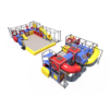 Angled view of Playful Panorama commercial indoor playground featuring dual play structures, connecting tunnels, slides, and activity panels