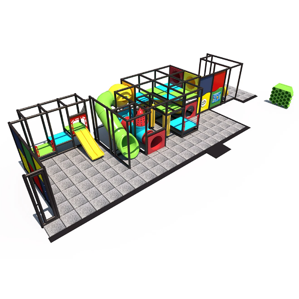 IP23152 indoor playground with tube slides, crawl tunnels, climbing platforms, and enclosed commercial play structure