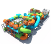 IP23153 indoor playground system with elevated crawl tunnels and enclosed climbing structure