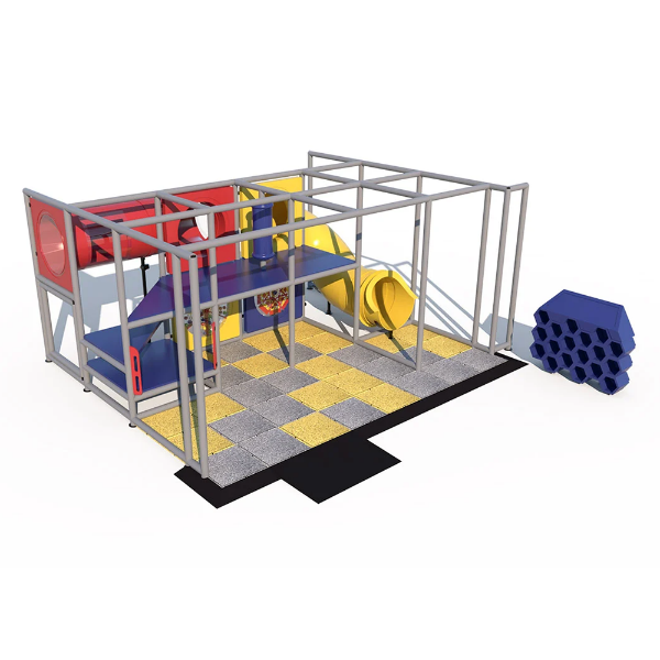 IP23115 indoor playground with crawl tunnel and tube slide in compact commercial play structure