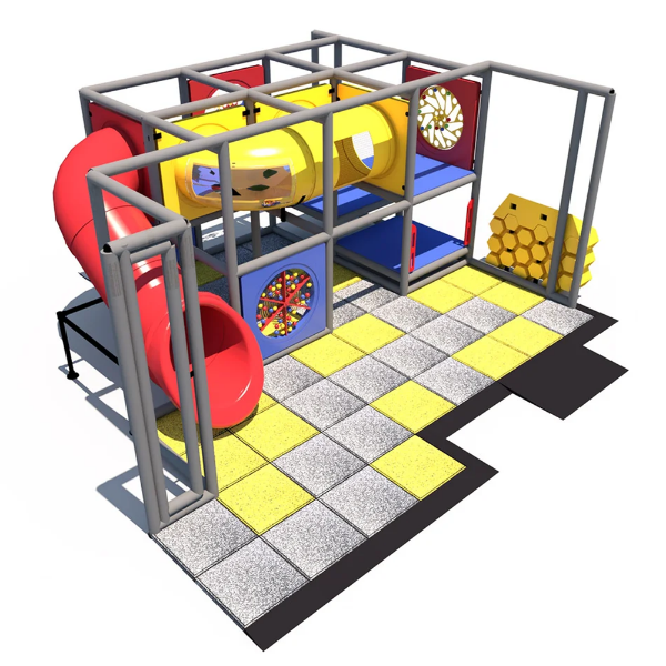 IP23154 indoor playground with tube slide, crawl tunnel, and interactive activity panels for kids