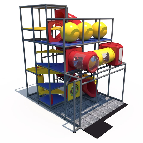 Multi-level indoor playground with spiral slide, crawl tunnels, and ball features IP23158