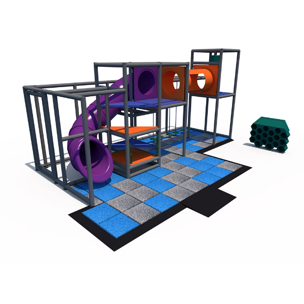 Commercial indoor playground equipment with curved tube slide and lily pad stepping obstacles IP23160