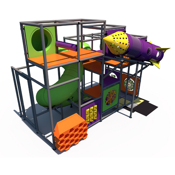 Blast Off indoor playground with rocket tunnel, tube slide, and interactive play panels for kids IP24104