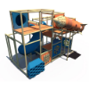 Indoor playground in tan, cobalt, and orange colors with rocket tunnel and tube slide play structure IP24104