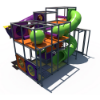 Elevated indoor playground with curved tube slide, crawl tunnels, and interactive panels for kids IP24104