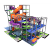 Rear view of indoor playground with twisting tube slides, crawl tunnels, and interactive play structure IP24109