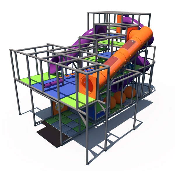 Mega Obstacle indoor playground with tube slide, crawl tunnels, and multi-level climbing structure for kids IP24111