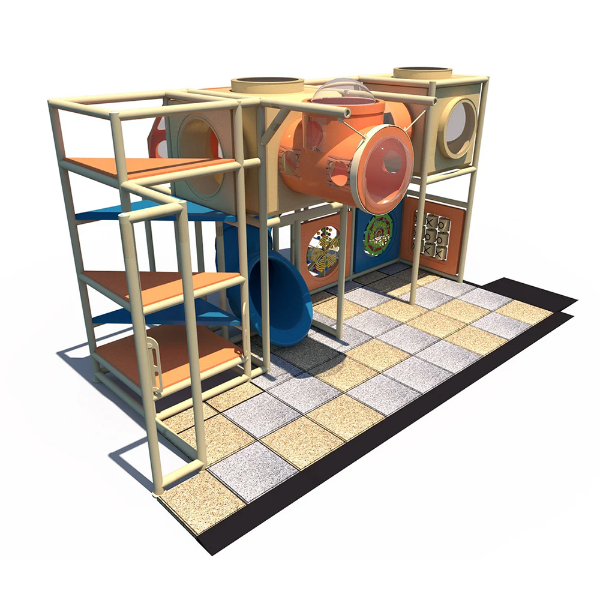 Discovery Cruiser indoor playground with enclosed crawl tunnel, activity panels, and small slide on safety flooring IP24113