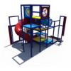 Rear view of indoor playground with multi-level platforms, tube slide, and crawl tunnel play system IP24119