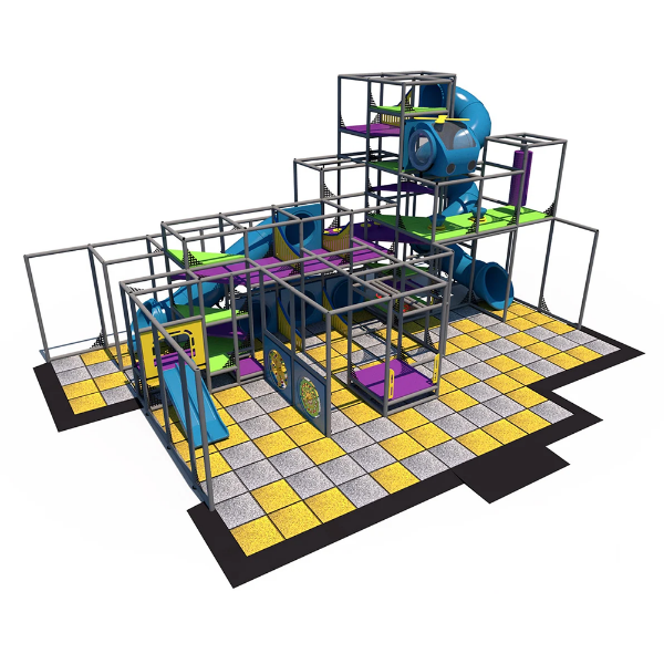 Tri-level indoor playground with helicopter play feature, tube slide, crawl tunnels, and multi-level activity platforms IP24121