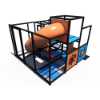 Rear angle indoor playground showing curved tube slide, multi-level platforms, and enclosed play structure system IP24124