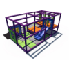 Side view indoor playground with slide, crawl tunnel system, overhead climbing bars, and soft safety flooring IP24125