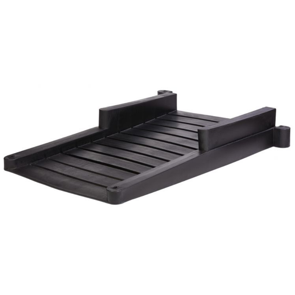 Black plastic half ADA playground ramp for landscape timber borders providing accessible entry for wheelchair and stroller access